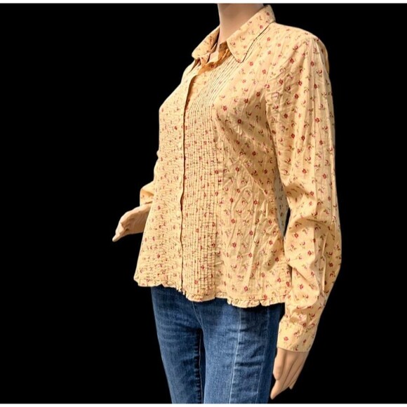 TOMMY HILFIGER Ladies Long SleeveBlouse Top MEDIUM Pleated GOLD With Roses - Picture 4 of 6